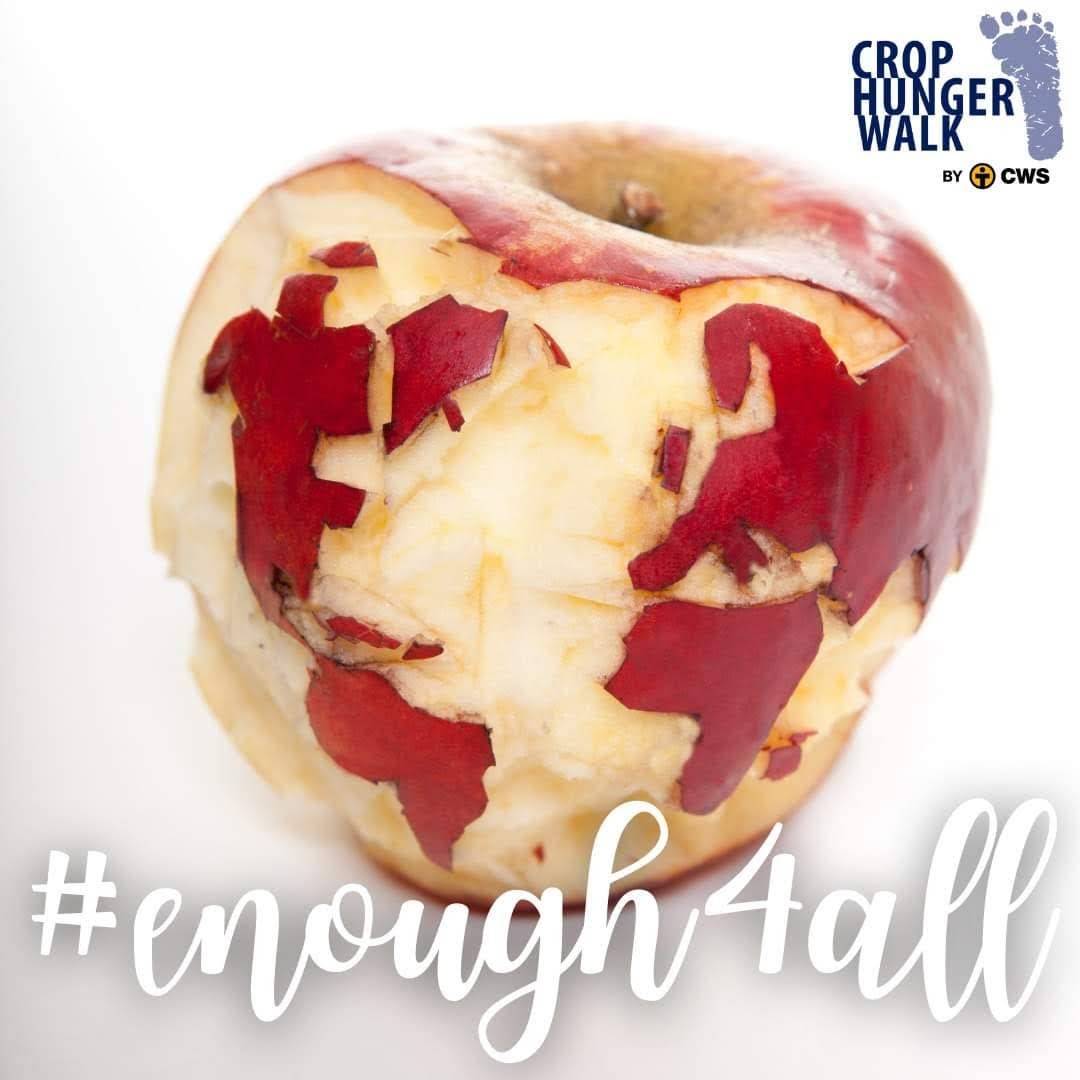 An apple with missing skin to make the apple look like the globe, with the hashtag #enough4all