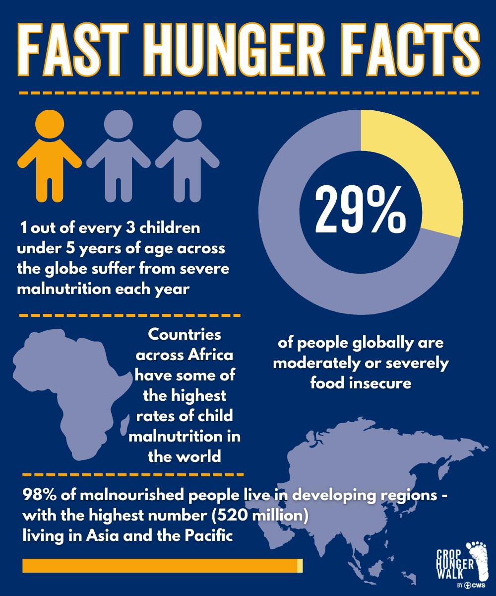 Fast Hunger Facts. 1 out of every 3 children under 5 years of age across the globe suffer from severe malnutrition. 29% of people globally are moderately or severely food insecure. Countries across Africa have some of the highest rates of child malnutrition in the world. 98% of malnourished people live in developing regions - with the highest number (520 million) living in Asia and the Pacific.