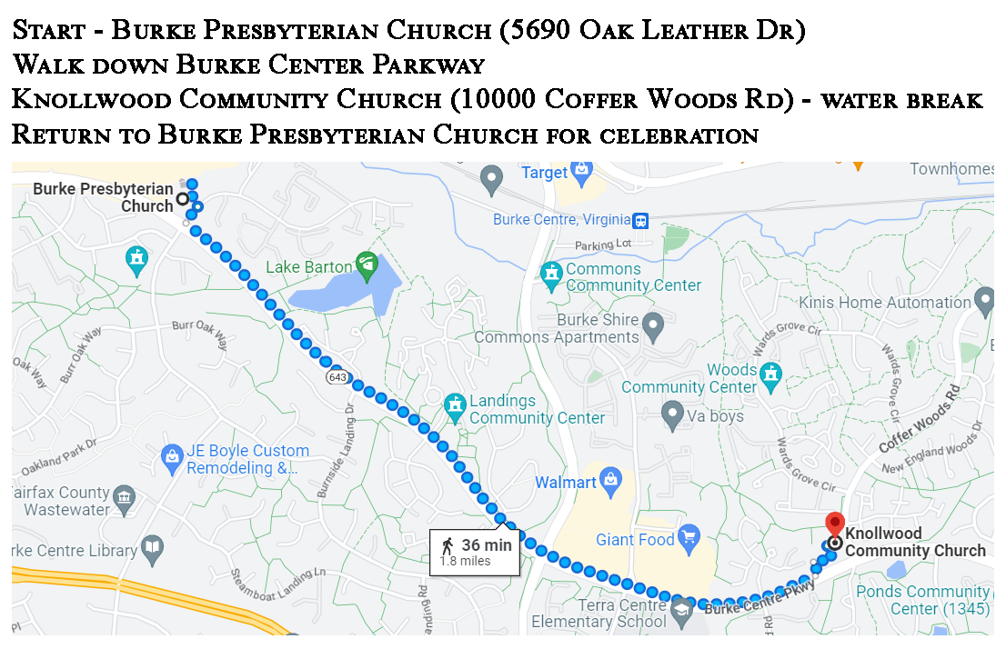 A map of the route the Burke/Fairfax CROP Walk participants will take.